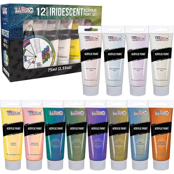 12-Color Iridescent Acrylic Paint Set, Large 75ml Tubes - Luminescent, Color-Shifting Pearl Colors, Crafting Paints for Canvas, Wood, Rock, Paper
