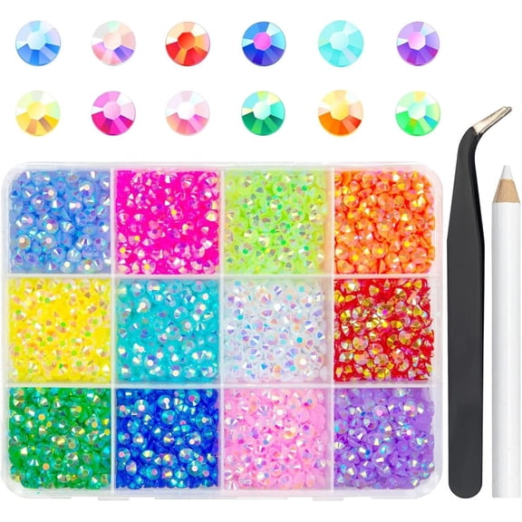 12 Color Jelly Resin Rhinestones for Crafting 4mm Flatback Stones Gems Bright Rainbow Colorful AB SS16 No Hotfix Diamonds Charms for Nails Face Eyes Makeup DIY Crafts Tumblers Bedazzling Decor