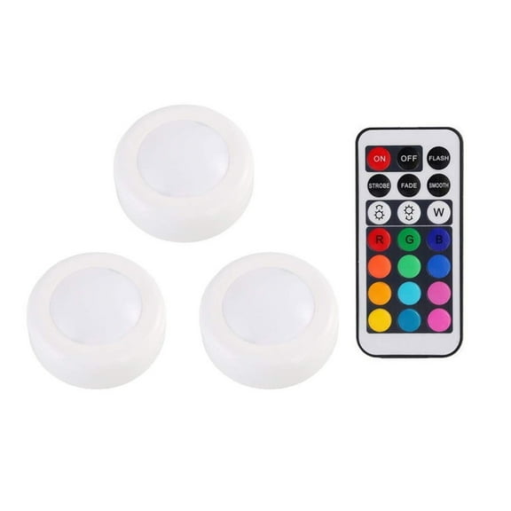 12-Color LED Puck Lights with Remote Control - 16 Color Options, 8 LED Beads, 55 Lumen, Battery-Powered Cabinet & Night Light, 76mm Round, Warm White & RGB Colors