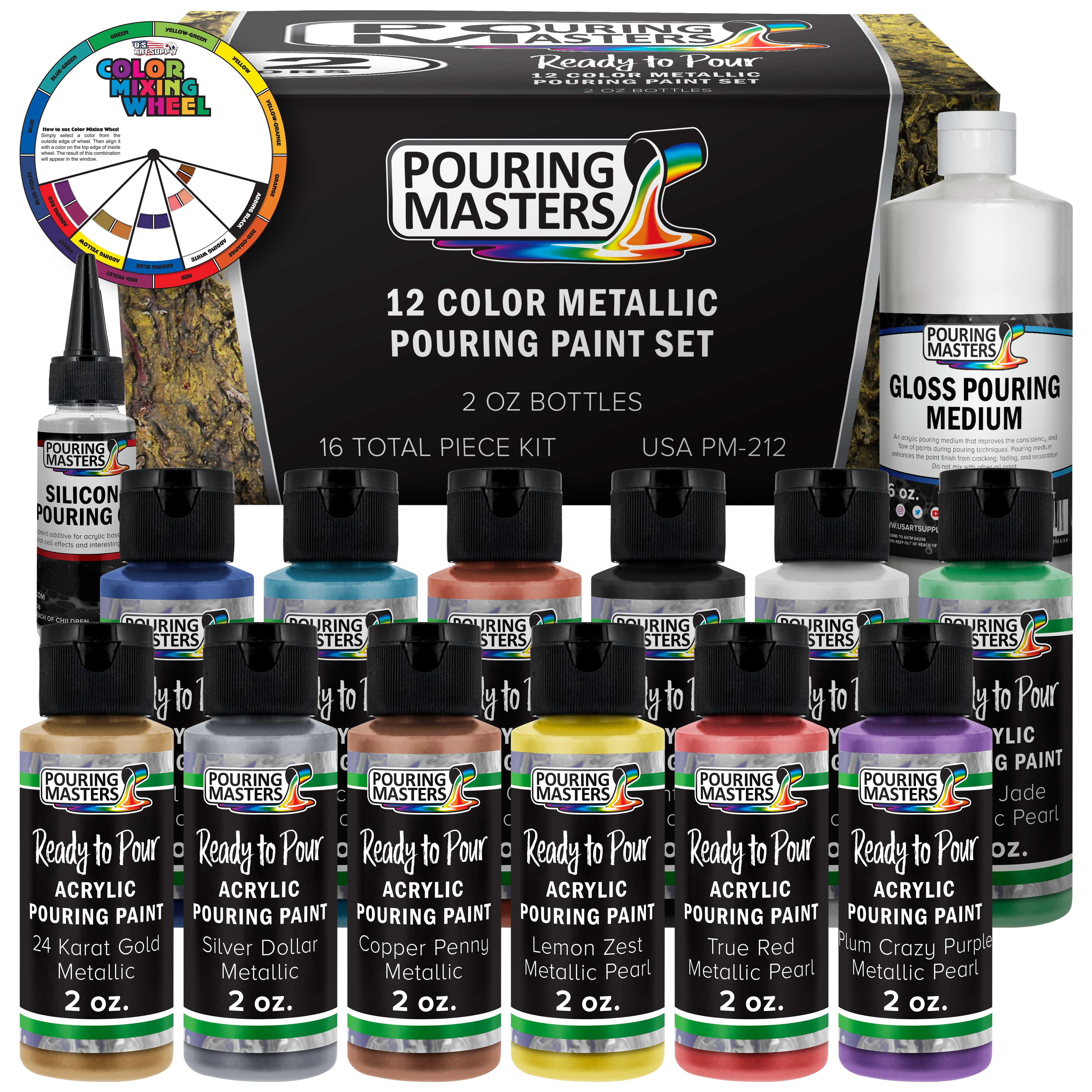 12 Color Metallic Ready to Pour Acrylic Pouring Paint Set - Premium  Pre-Mixed High Flow 2-Ounce Bottles - for Canvas, Wood, Paper, Crafts,  Tile, Rocks and More 