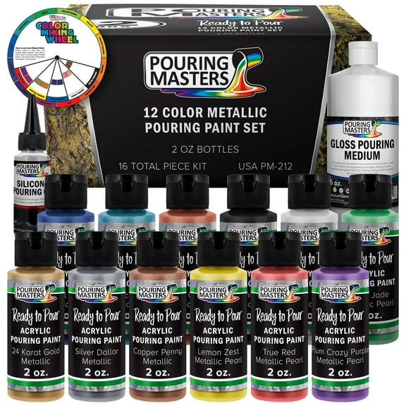 Pouring Masters 12 Color Metallic Ready to Pour Acrylic Pouring Paint Set, 2oz Bottles, Acrylic Paint Pour Supplies - Silicone Oil & Gloss Medium, Premium Pre-Mixed High Flow 8-Ounce Bottles