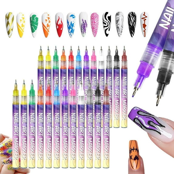 12 Color Nail Art Markers Kit for Gel Nails - Water-Based Acrylic Paint Pens with Nail Brushes, DIY Home Manicure Tools
