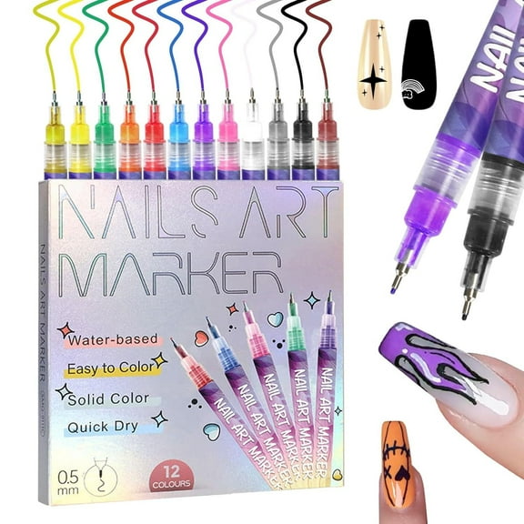 12 Color Nail Art Pens, 0.5 MM Nail Polish Pens Set Drawing Painting Point Liner Acrylic Painted Pen Kit, Waterproof and Quick-drying Nail for DIY Nail Design, Home & Salon Manicure Tools