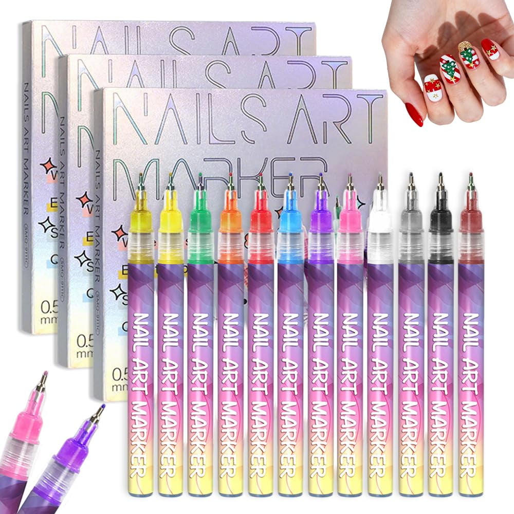 12 Color Nail Art Pens, 0.5 MM Nail Polish Pens Set Drawing Painting Point Liner Acrylic Painted Pen Kit, Waterproof and Quick-drying Nail for DIY Nails Art Design Manicure Tools(3-set)