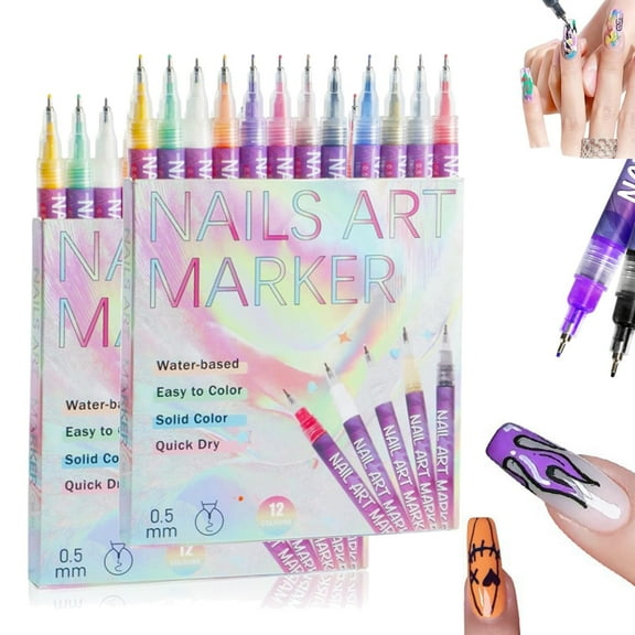 12 Color Nail Art Pens, 0.5 MM Nail Polish Pens Set Drawing Painting Point Liner Acrylic Painted Pen Kit, Waterproof and Quick-drying Nail for DIY Nails Art Design Manicure Tools
