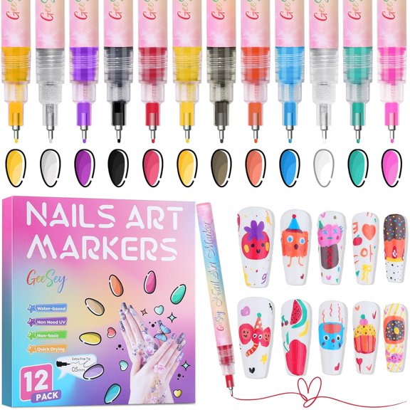 12 Color Nail Art Pens, 0.5mm Nail Polish Pens Set, Acrylic Paint Nail Markers for Nail Art, Quick-Drying Drawing Point Liner Pen for DIY Nails Art Design Manicure Salon Tools