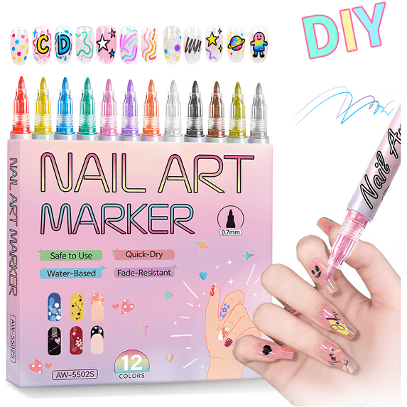 12 Color Nail Art Pens for Painting Nails,Nail Art Markers Polish Pen,0.7 MM Nail Polish Pens Set Drawing Painting Point Liner Acrylic Paint Pens Kit, for DIY Nails Art Design Manicure Tools