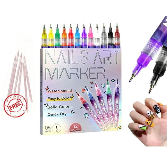 12 Color Nail Art Pens Set with 6Pcs Crystal Stick, 0.5 MM 3D Nail Polish Pens, Nail Polish Pens Quick-Drying Acrylic Paint Pen Nail Point Dotting Liner Pen Tools for Home & Salon Nail Art DIY