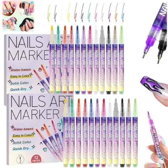 12 Color Nail Art Pens Set, Nail Polish Pens 0.5MM Fine Tip Acrylic Paint Pen Nail Art Markers Quick-Dry Nail Art Tools for Dotting Drawing Painting DIY Nail Art Beauty Manicure (24 Colors A)