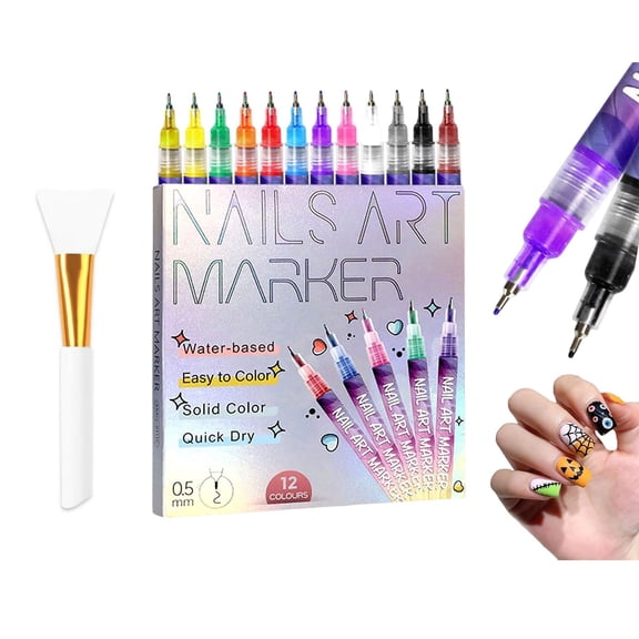 12 Color Nail Art Pens Set with Scraper, 0.5 MM 3D Nail Polish Pens, Nail Polish Pens Quick-Drying Acrylic Paint Pen Nail Point Dotting Liner Pen Tools for Home & Salon Nail Art DIY