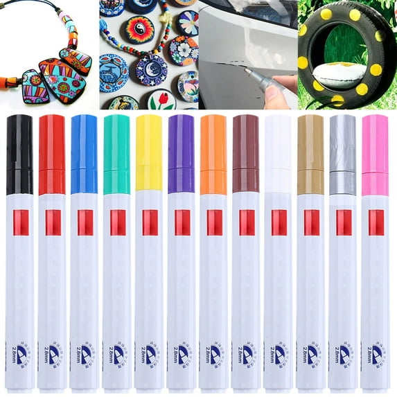 12 Color Oil Based Paint Marker Set Quick Dry Waterproof Pens for Rock, Glass, Fabric, and Metal (5ml)