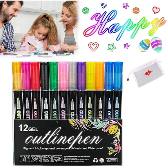 12 Color Paint Brush Set Double Line Outliner Markers Coloring Lightstick Pens Acrylic Markers Brush Doodle Outline Pens Art Greeting Card Stocking Stuffers2Ml