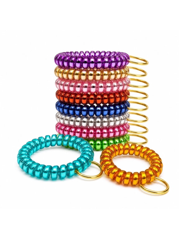 12-Pack Stretchable Wrist Coil Keychain Wristlet with Metal Key Rings, Multicolor Spiral Wristbands for Keys, ID Badges, Gym, Pool, Sauna and Outdoor Use