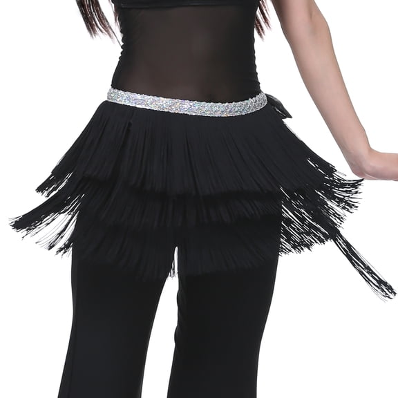 12 Color WASIT80CM/WIDTH32CM/LENGTH180CM 3 Layer Tassel Belly Dance Hip Scarf Wast Belt Waist Scarf Skirt,One Size,Black