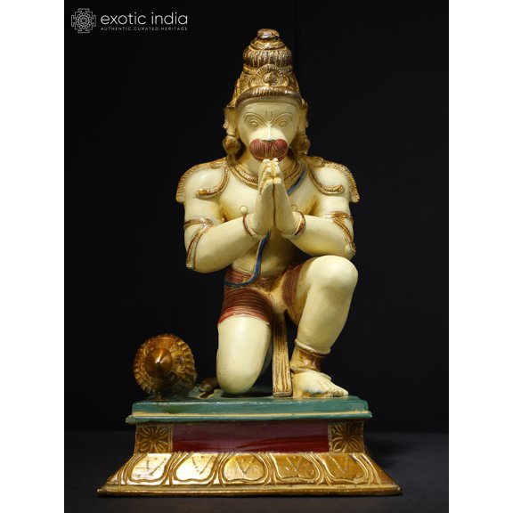 12" Colorful Lord Hanuman Seated in Namaskar Gesture | Brass Statue