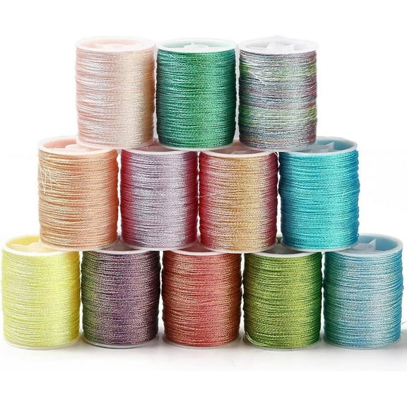 12 Colors 0.5mm Polyester Thread Set Kumihimo Cords Metallic Beading 6Ply Chinese Knotting Macrame Wind Chime Strings for Jewelry Making Threads Sewing Stitching Friendship Bracelet Necklace