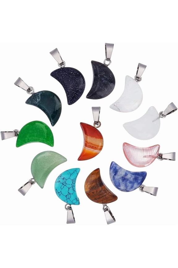 12 Colors 24Pcs Natural Stone Moon Dangle Charms 21-24mm Crescent Moon Quartz Pendants with Stainless Steel Findings for DIY Jewelry Making