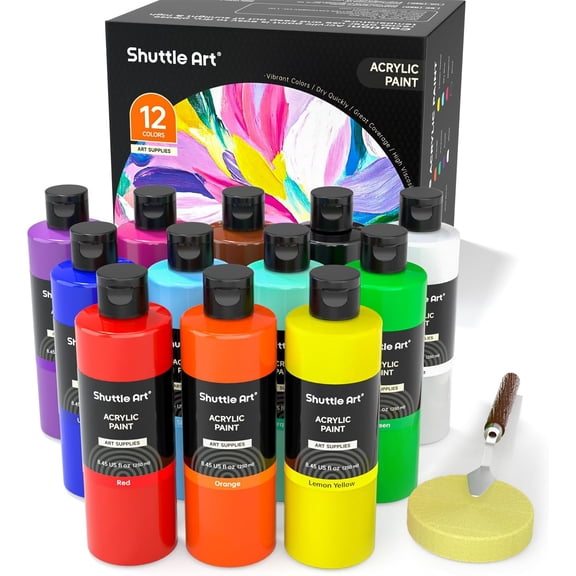 12 Colors Acrylic Paint Set, 250ml Bottles, Rich Pigments for Artists, Beginners, Kids, Rocks, Canvas, Wood