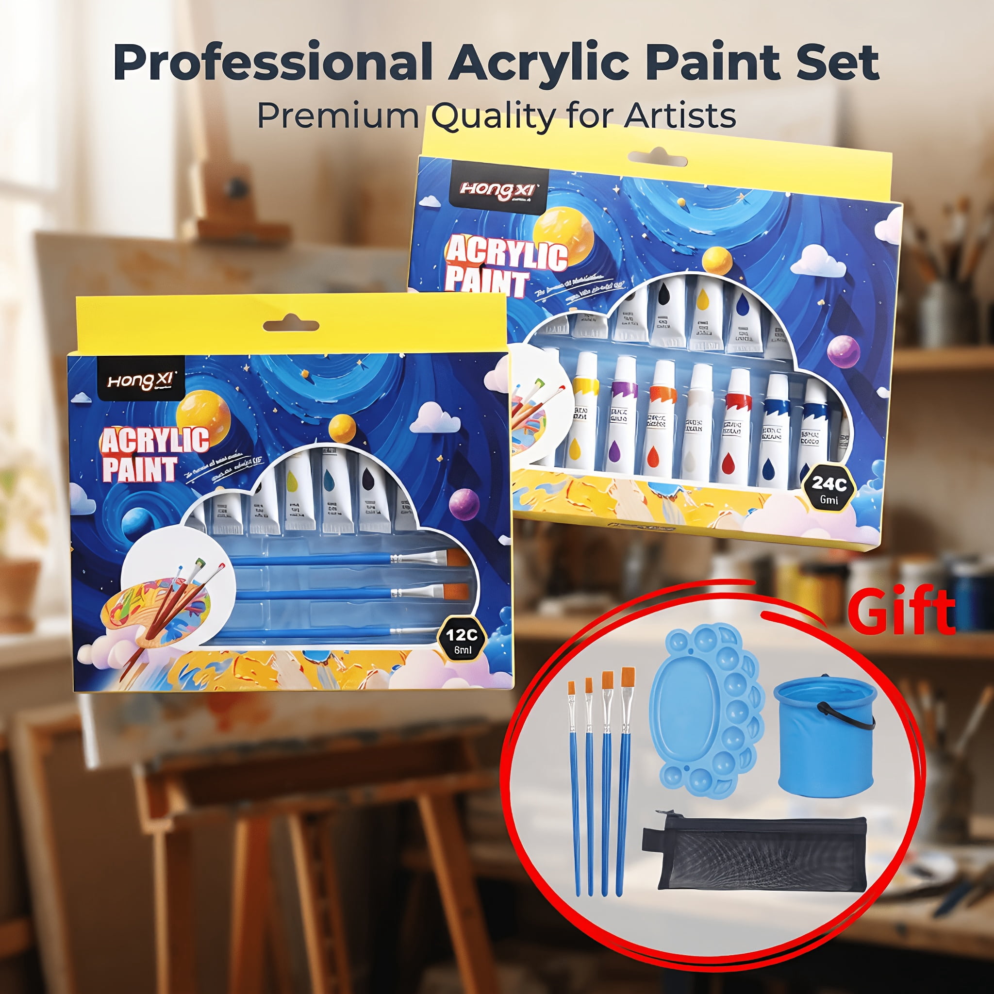 12 Colors Acrylic Paint Set with 5 Nylon Brushes, 1 Folding Palette ...