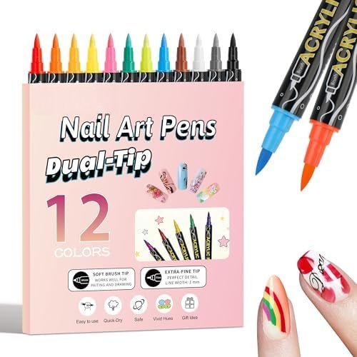 12 Colors  Art Pens Set,  Tip  Polish Pens, Quick-Dry   Markers, Dotting & Liner Brush for DIY   Art Design Manicure Tools