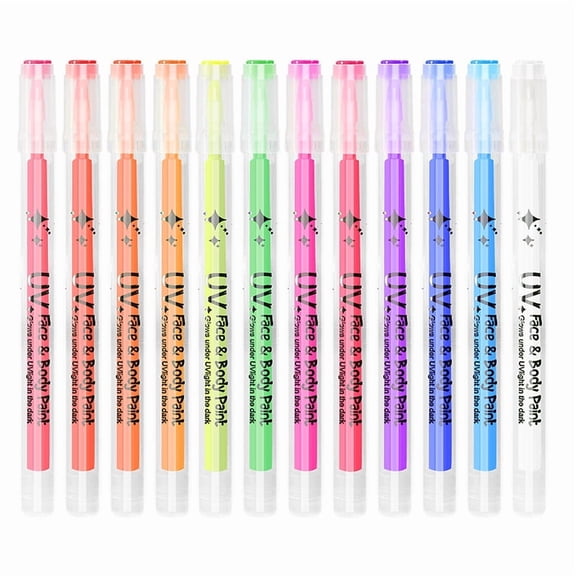 12 Colors Direct Liquid Blacklight Face and Body Paint Markers, Neon Glow-in-the-Dark Temporary Tattoo Pens for Halloween, Parties, and Festivals, 15ml, 12-Pack