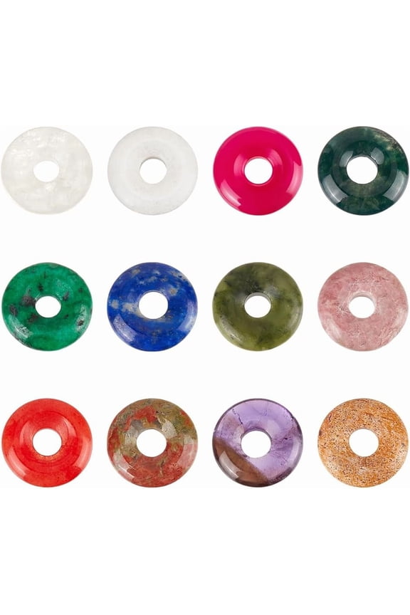 12 Colors Donut Disc Gemstone Charms 0.7x0.2inch Natural Stone Pendants Disc Donut Charms Flat Round Stone Beads Pendants for Jewelry Making Hole: 4.5~5mm