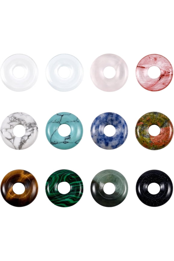 12 Colors Donut Disc Natural Stone Pendants Gemstone Donut Charms Flat Round Donut Stone Beads(18x4.5mm) Pendants for Jewelry Making Hole: 5.5mm