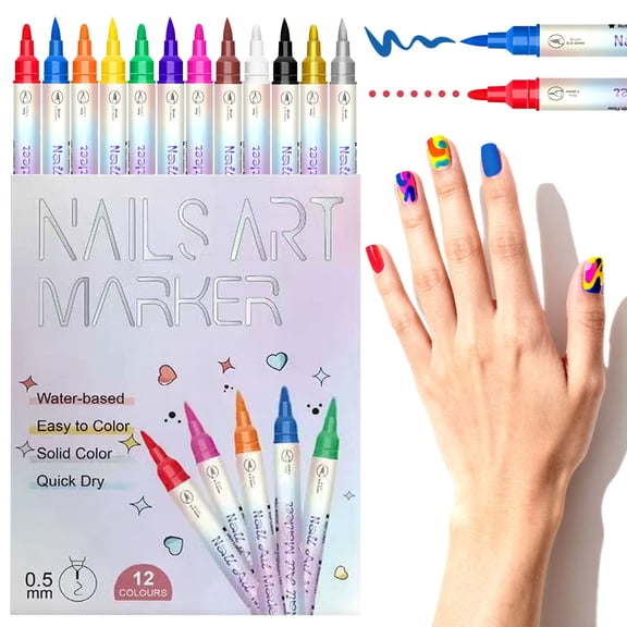 12 Colors Double-Ended Nail Art Markers Set,for Nail Art Dotting Line Painting Designs,Quick Dry & Water-Based DIY Nail Design Pens for Beginners & Professionals,Gifts for Her, Nail Decoration Kit