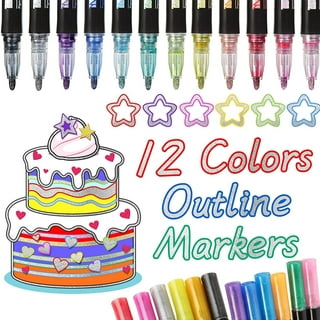 Outline Markers Super Squiggles,12 Colors Double Line Metallic Pen Set  Sparkle Self-Outline Doodle Marker Cool Magic Silver Glitter Dazzle Pen 
