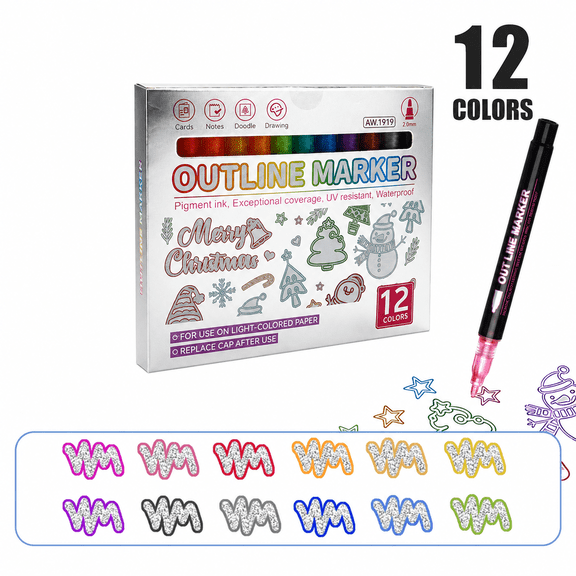 12 Colors Double Line Outline Markers, Metallic Shimmer Glitter Pens for DIY Cards, Journaling, Hand Lettering, Signature Drawing, Scrapbooking, Art Craft Marker Set