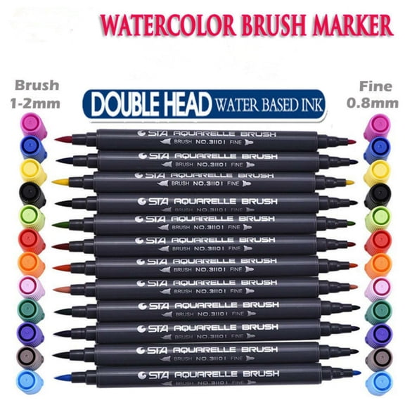12 Colors Dual Brush Art Marker Pens Fineliner Tip Set Drawing STA Water Based TAPDRA Spare Part