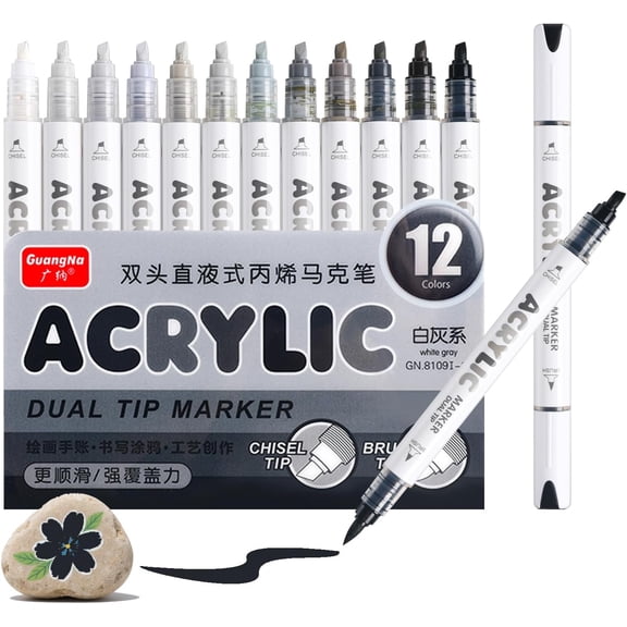 12 Colors Dual Tip Acrylic Paint Markers, Gray and Black Color  Extra Fine & Soft Brush Pen Set with Direct Ink Flow for Sketching, Detailing, Coloring on Wood, Canvas, Rock, Glass, DIY Crafts