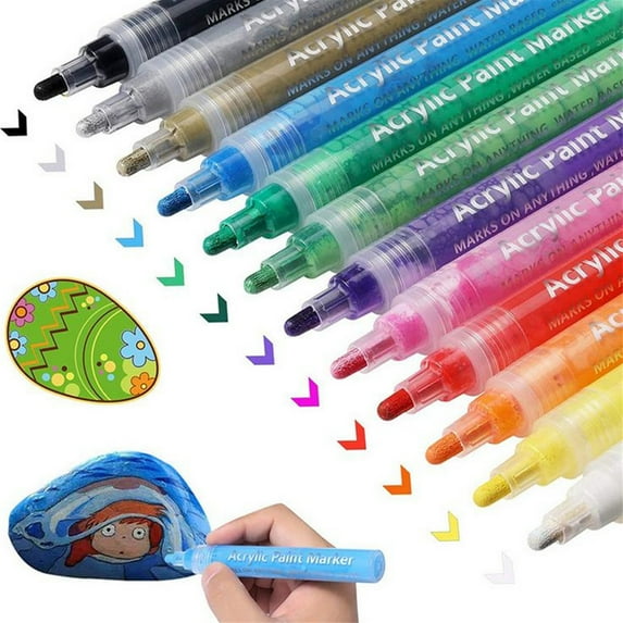 12 Colors Dual Tip Acrylic Paint Markers Permanent Acrylic Paint Pens For Rock Painting, Canvas, Wood, Glass, Ceramic, Fabric, Plastic, Egg, Scrapbook,Art Painting Supplies Kit