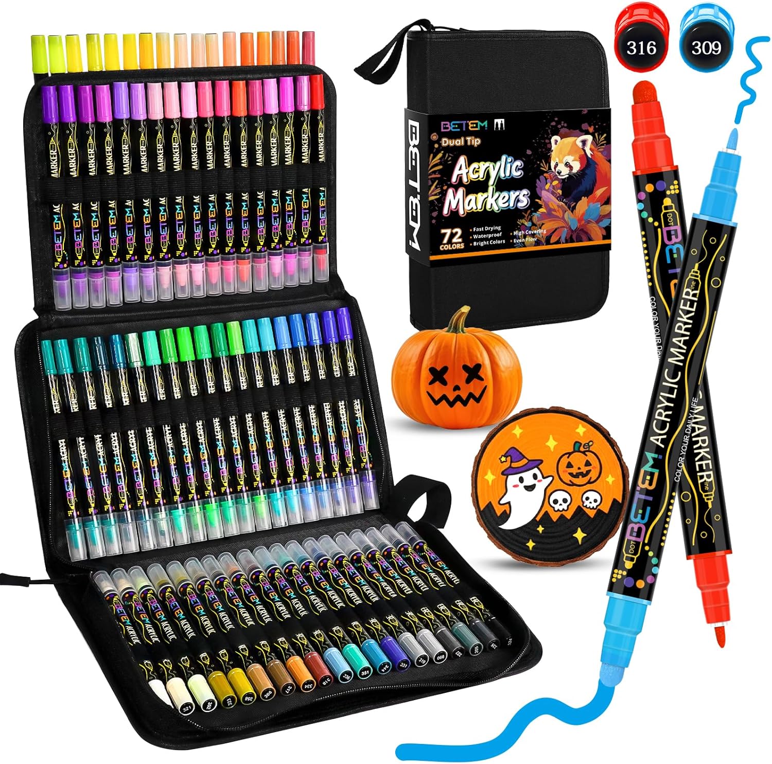 12 Colors Dual Tip Acrylic Paint Pens Markers, Premium Acrylic Paint Pens for Halloween Decorations, Wood, Canvas, Stone, Rock Painting, Glass, Ceramic Surfaces, Pumpkin Painting Kit DIY Crafts