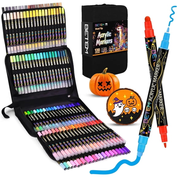 12 Colors Dual Tip Acrylic Paint Pens Markers, Premium Acrylic Paint Pens for Halloween Decorations, Wood, Canvas, Stone, Rock Painting, Glass, Ceramic Surfaces, Pumpkin Painting Kit DIY Crafts