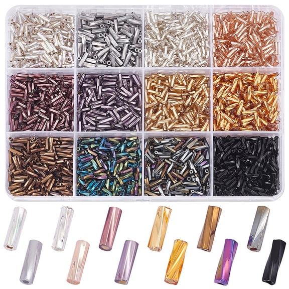 12 Colors Glass Twist Bugle Beads Silver Lined Round Hole Mixed Color 6x2mm Hole: 0.8mm 8g/color 96g/box