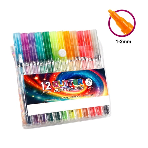 12 Colors Glitter Marker Pens Set, Sparkle Acrylic Marker for Journaling, Drawing, DIY Crafts, Quick Dry Waterproof Art Markers for Paper Wood Plastic Glass Metal(1-2MM)