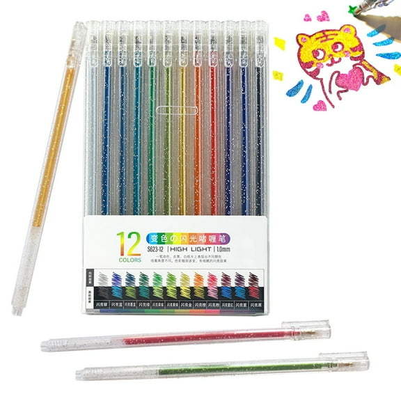 12 Colors Glitter Pens, Metallic Vibrant Sparkle Pens For Coloring, Retractable Sparkle Glitter Markers, Glitter Pens for Adults, Colored Pens for Adult Coloring Books and Drawing