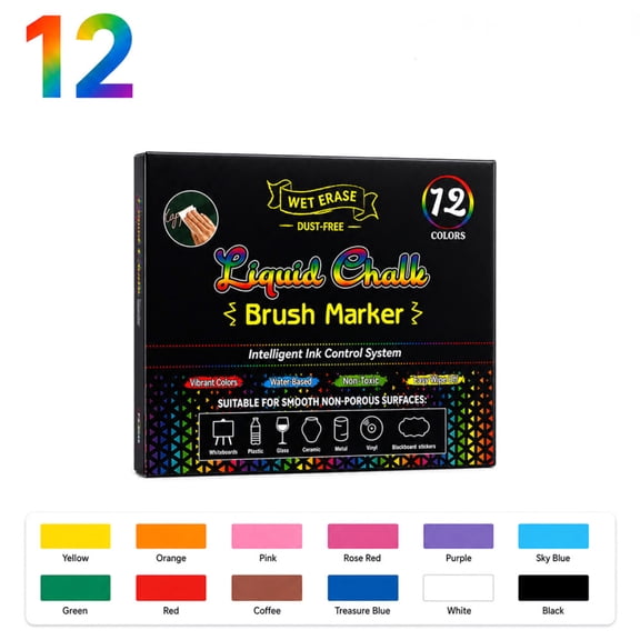 12 Colors Liquid Chalk Markers for Acrylic Calendar, Glass Window, Blackboard & Whiteboard, Erasable Neon Chalk Pens with Soft Brush Tip for Signs、DIY Art、Holiday Decoration