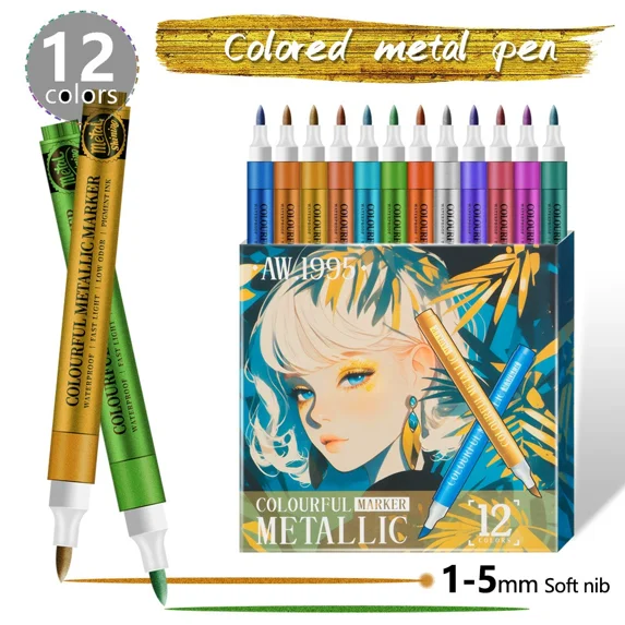 12 Colors Metallic Acrylic Markers Pens Paint Pens for Black Paper, Glass, Rock Painting