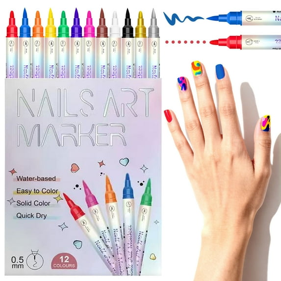 12 Colors Nail Art Marker Pens Set, 3D Quick Dry 0.5MM Nail Polish Pens, Nail Markers for Nail Art, DIY Nail Art Markers Graffiti Dotting Pen for Nails Art Design Manicure Nail Decor for Adult Kids