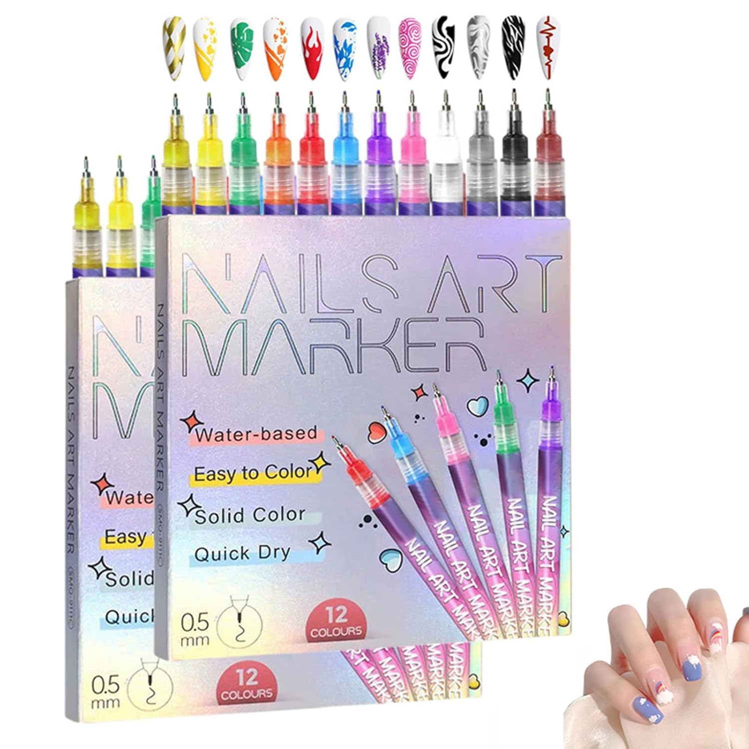 12 Colors Nail Art Marker Pens Set, Nail Markers for Nail Art, Suitable for Nail Art, Nail Painting, And Artistic Decorations; Suitable for Both Children And Adults. (12 Colors)