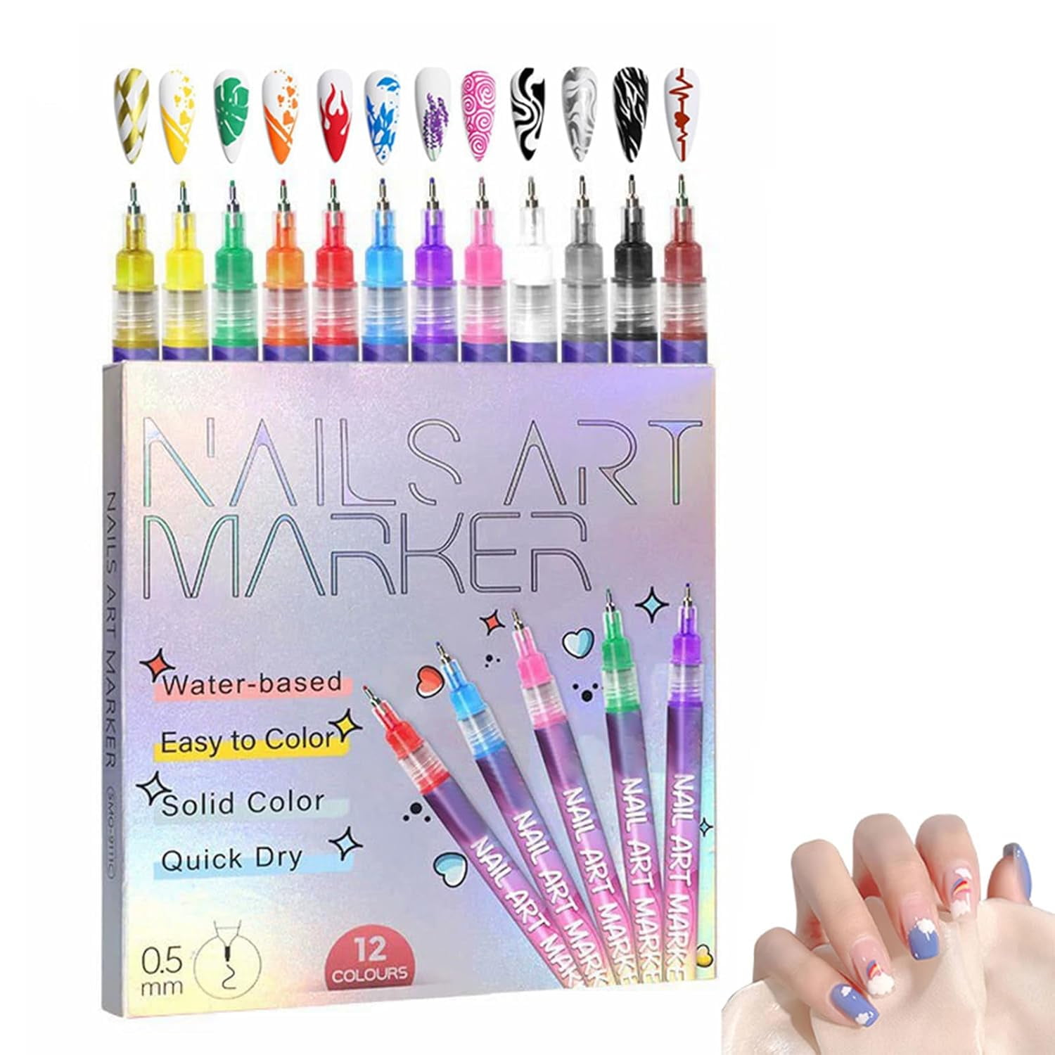 12 Colors Nail Art Marker Pens Set, Nail Markers for Nail Art, Suitable for Nail Art, Nail Painting, And Artistic Decorations; Suitable for Both Children And Adults. (12 Colors)