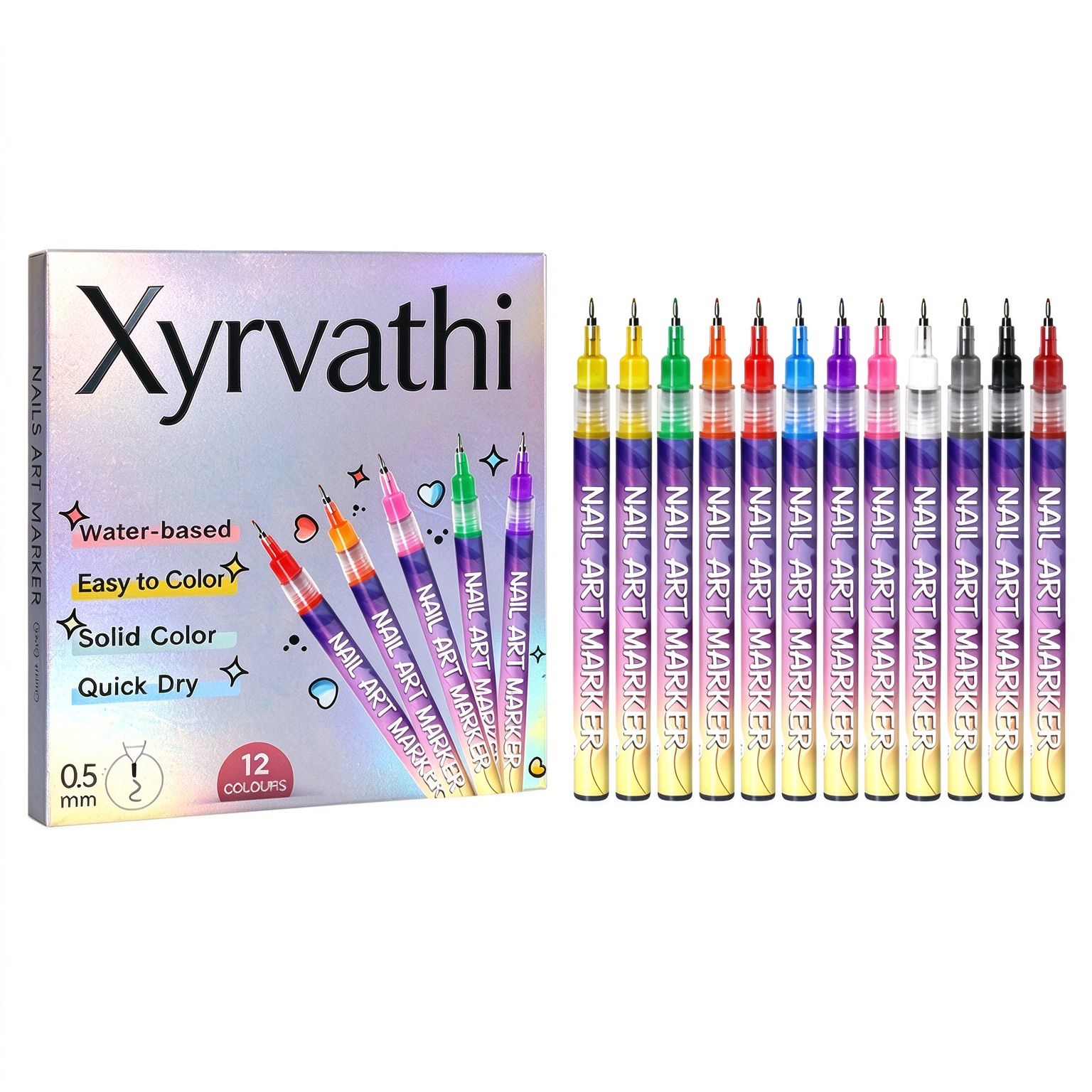 12 Colors Nail Art Markers, 0.5mm Fine Tip Water-Based Nail Pens, Quick ...