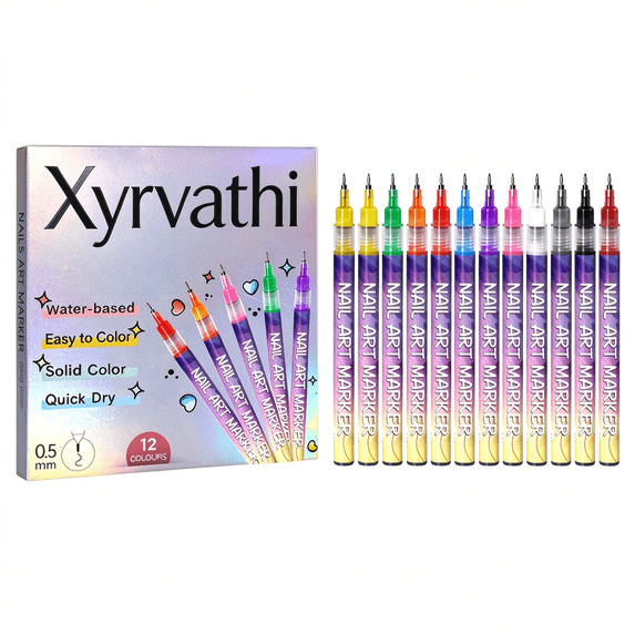 12 Colors Nail Art Markers, 0.5mm Fine Tip Water-Based Nail Pens, Quick ...