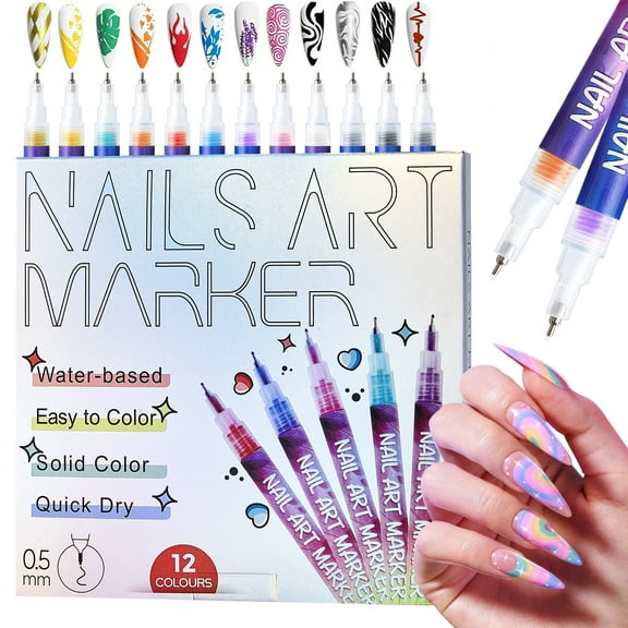 12 Colors Nail Art Markers Set, 3D Nail Art Pens for Painting Nails, Nail Polish Pens Quick Dry Resistant to Flaking for Women Girls, Home and Salon Manicure Tools