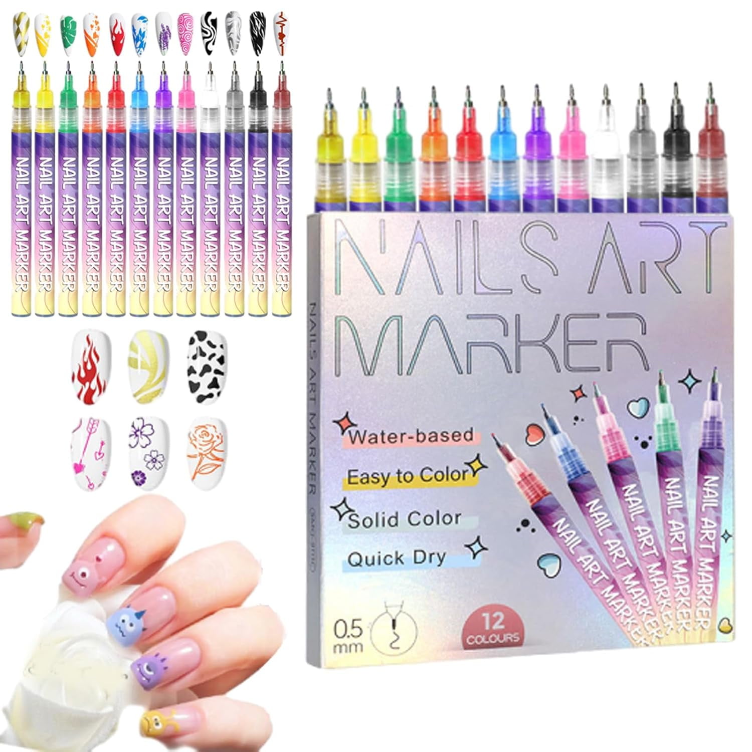 12 Colors Nail Art Pens Set,0.5mm/0.01in Fine Metal Tip,Quick-Dry Water-Based Pigment for Strong Coverage,Non-Toxic & Safe for DIY Gel Nail Design Drawing & Painting