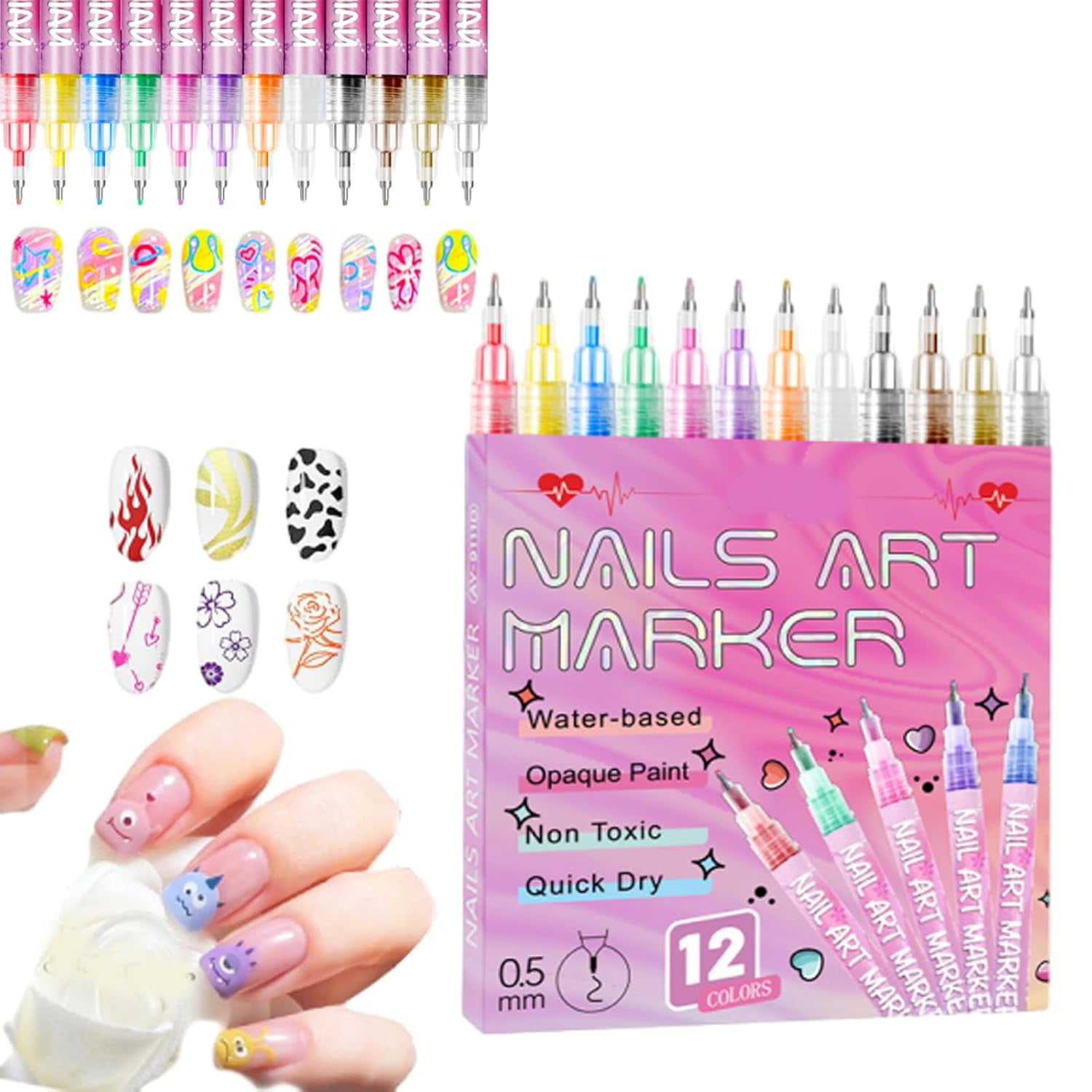 12 Colors Nail Art Pens Set,0.5mm/0.01in Fine Metal Tip,Quick-Dry Water-Based Pigment for Strong Coverage,Non-Toxic & Safe for DIY Gel Nail Design Drawing & Painting