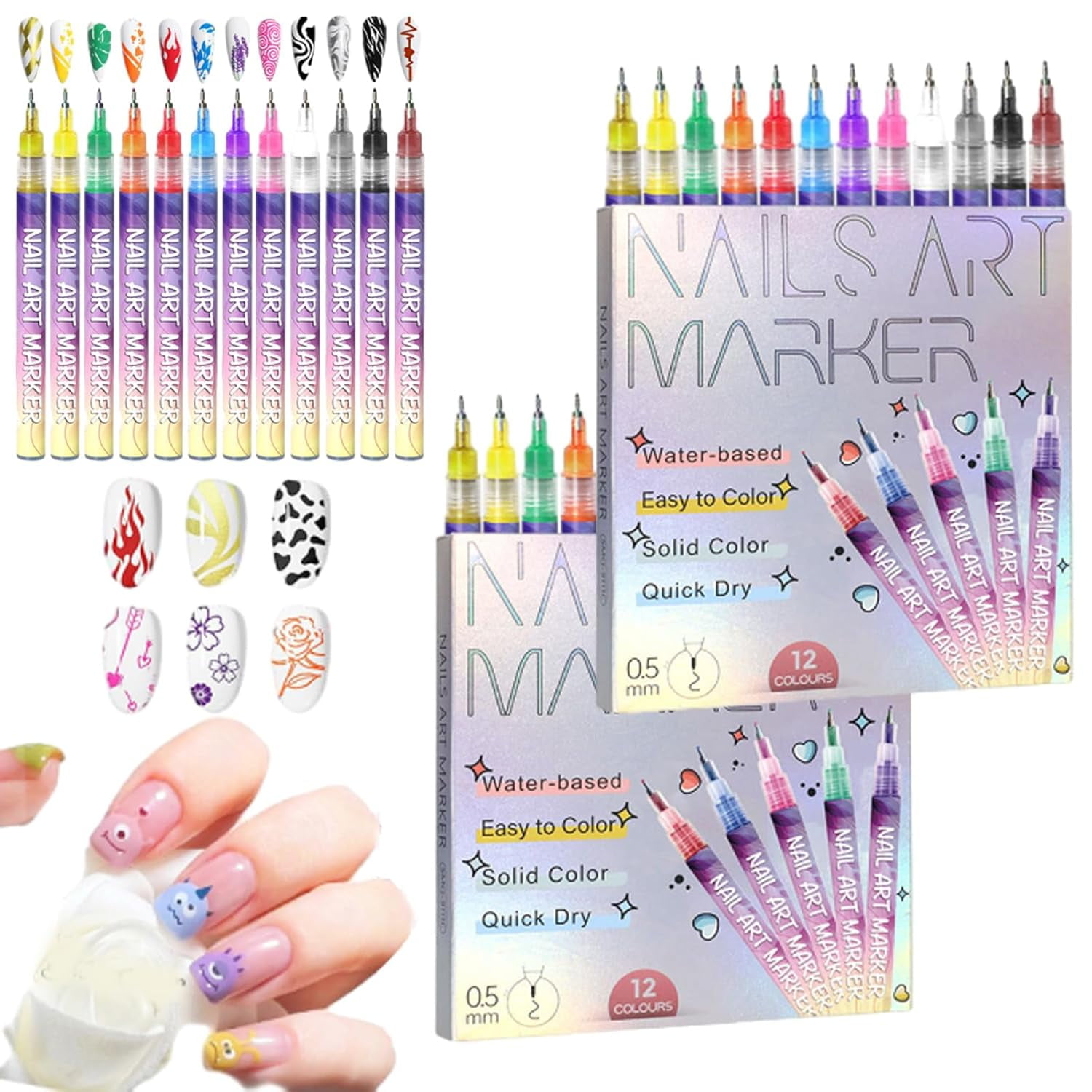 12 Colors Nail Art Pens Set,0.5mm/0.01in Fine Metal Tip,Quick-Dry Water-Based Pigment for Strong Coverage,Non-Toxic & Safe for DIY Gel Nail Design Drawing & Painting