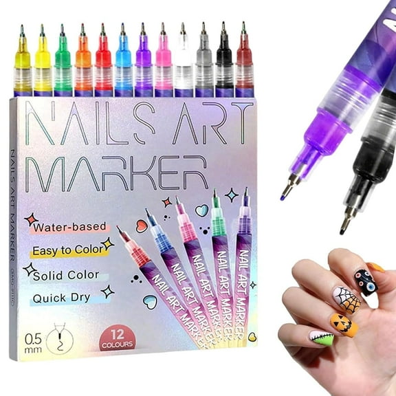 12 Colors Nail Art Pens Set, 0.5mm Fine Tip Nail Art Markers & Nail Polish Pens for DIY Designs, Nail Pens for Nail Art, Kids & Adults